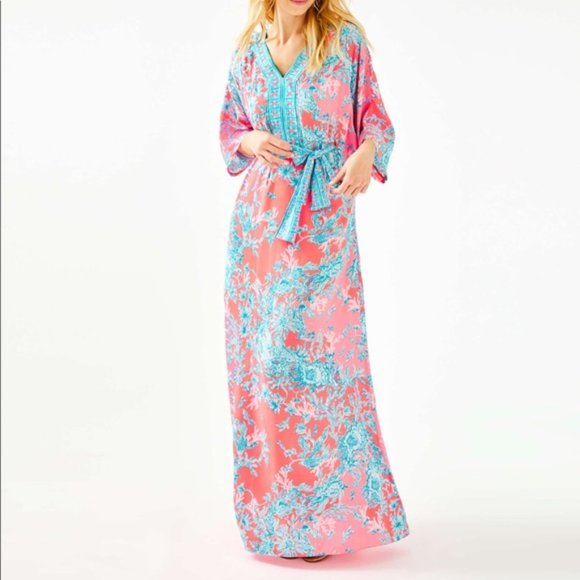New Lilly Pulitzer Carmynn Maxi Caftan Coral Spritz Shelly Bay Maxi Dress - Picture 8 of 16